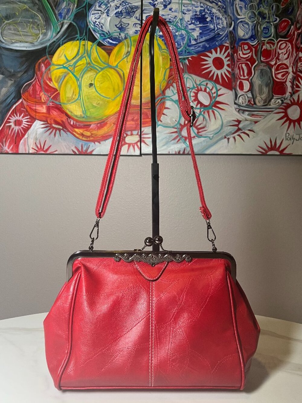 Vintage-Inspired Red Leather Kisslock Shoulder Bag NWOT